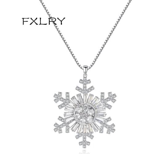 FXLRY New Design Personality White Color Cubic Zircon Pendant with Snowflake sweater Long Chain Necklace For womnen JEWELRY Acc
