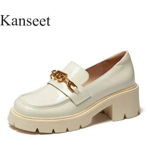 Kanseet Shoes Round Toe Metal Decoration Real Leather Woman Thick Heels Loafers Ladies Platform Pumps Black Footwear Spring New