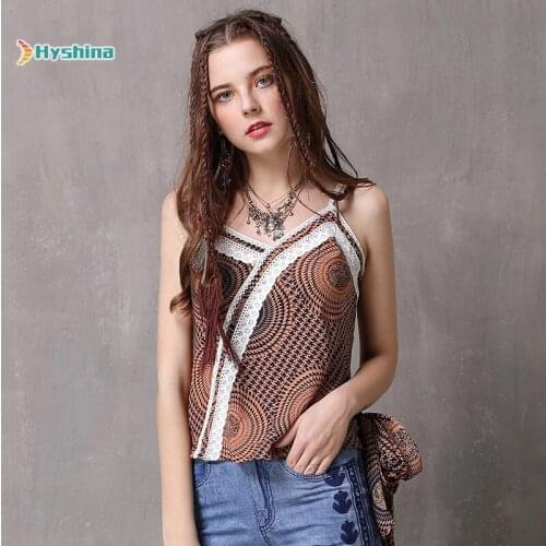 Summer new Print Chiffon Top retro Bow lace