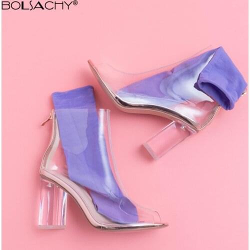 Fashion Chunky Heels Sandals Mujer Women PVC Ankle Boots Transparent Thick Heel Fish mouth Boots Clear Shoes Plus Size Booties