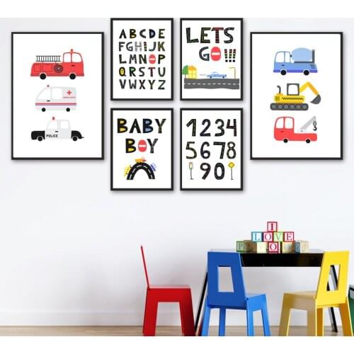 Cartoon Car Nursery Alphabet Numbers Education Wall Art Canvas Painting Nordic Posters And Prints Decor Pictures Baby Kids Room