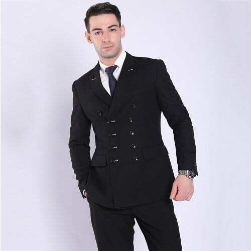 TOTURN 2020 Fashion Men Suits Black Navy Blue Double Breasted Suit Jacket Pant Male Casual Blazers Business Coat Formal Costume