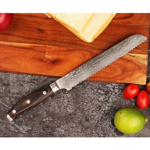 Sunnecko Japanese VG10 Damascus Steel 8" Bread Knife Razor Sharp Blade Kitchen Knives Wood Handle Family Home Breakfast Slicer