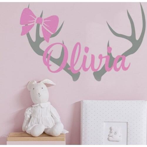 Personalized Deer Antlers Name Wall Stickers Girl Woodland Nursery Wall Decal Hunting Themed Baby Decor Girl home Decals HY276