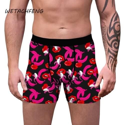 Sexy Black Mens Boxer Pants Red Lips Banana Print High Quality Underwear Comfortable Breathable Soft Tight Shorts Plus Size XXL