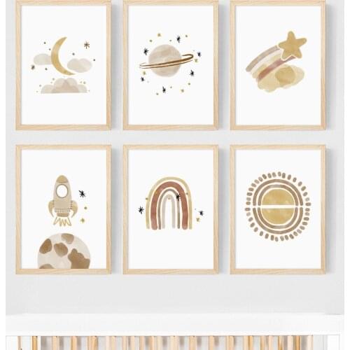 Rainbow Sun Star Moon Rocket Cartoon Decorative Canvas Painting For Kids Bedroom Wall Decor