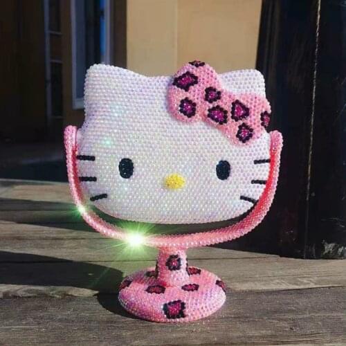 Handmade Pink Leopard KT Rhinestone Mirror Cute Kitty Decorative Mirrors Portable Table Kawaii Makeup Decor Cat Vanity Mirror