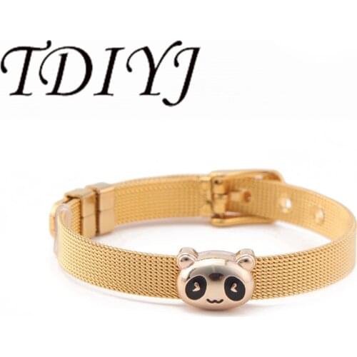 TDIYJ Newest Collection Gold Stainless Steel Mesh Bracelet with Penda Slide Charms for Women Children 1Set