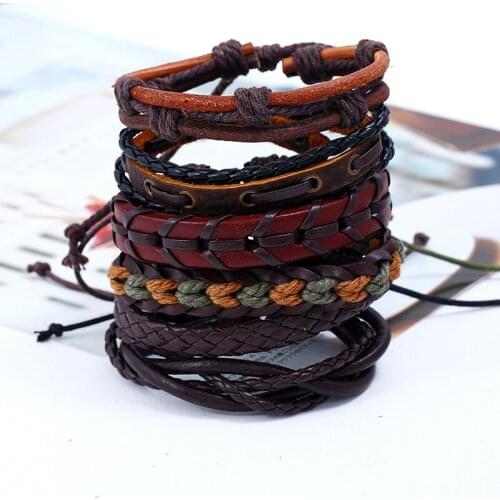 Vintage Punk Bracelet for Men 6 Pcs/set Multi-layer Leather Bracelets Cuff Weave Rope Bracelet Bangle Male Women Wrist Band Gift