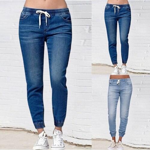Women Classic Solid Jeans Causal High Waist Elastic Drawstring Lace Up Jeans Female Fashion Slim Fit Ankle Length Pencil Pants