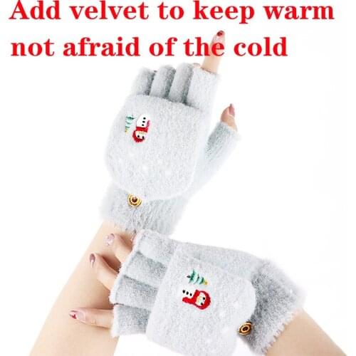Women Flip Fingerless Exposed Finger Thick Gloves Winter Knitted Warm Wool Without FingersFlexible Mittens Snowman ChristmasGift
