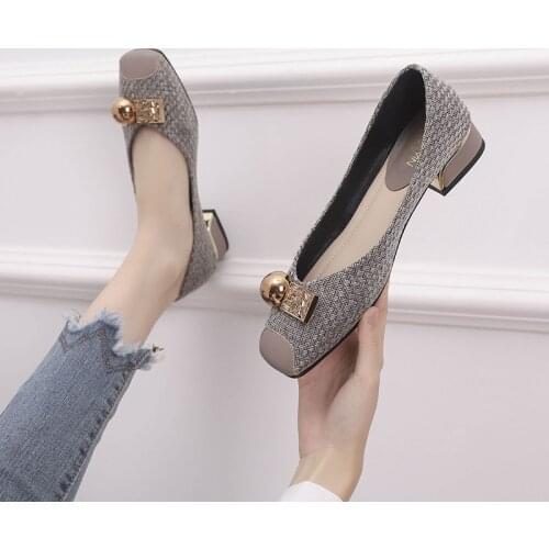 Womens Low-Cut Heel Shoes Pumps New Spring and Autumn Korean Style Chunky Heel Grandma Temperament Metal Buckle Versatile Shoes