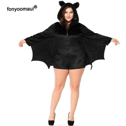 Women Black Bat Vampire Costume Halloween Carnival Purim Hooded Jumpsuit Bodysuit Romper Cos Outfit With Wings Ears Plus Size