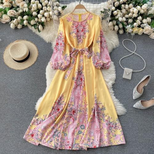 SINGREINY Fashion Retro Print Long Dress Women Puff Sleeve O Neck Sashes A-line Dresses Spring Casual Bohemian Vacation Dress