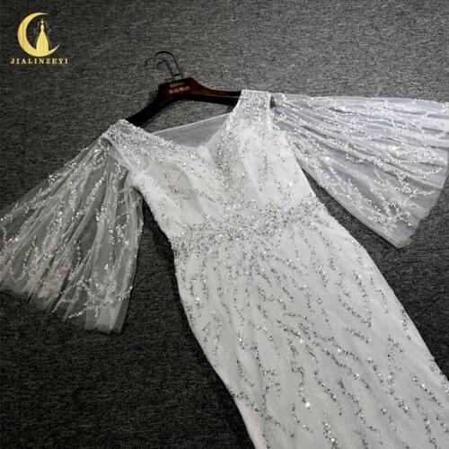Rhine Real New Sexy V Neck Big Sleeves Lace Small Beads Mermaid Wedding Dresses 2021 robe de mariage