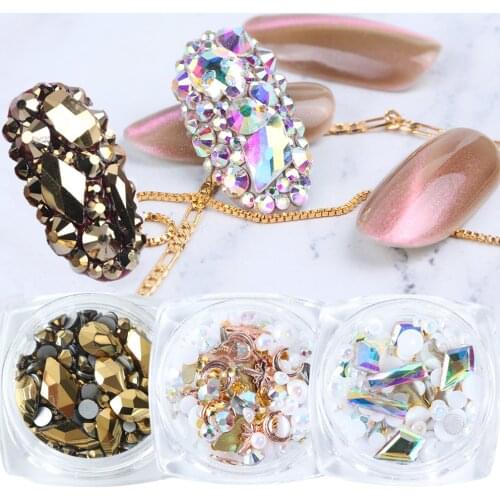 1 Box Mixed Nail Rhinestones Gems Beads Pearl AB Crystal Jewlry Gold Shiny Stones Charm Nails Art Decorations Accessories TR1018