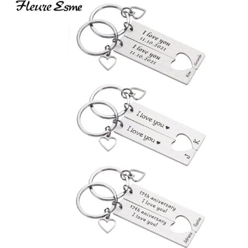 2Pcs Customized Couple Keychain Set Personalized Stainless Steel Date Name Custom Keychain Boyfriend Girlfriend Anniversary Gift