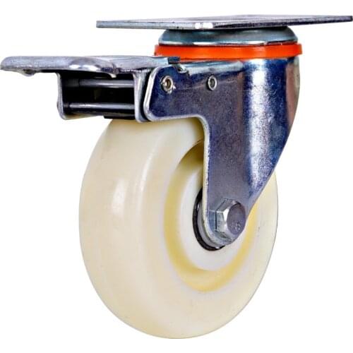 White Nylon Rail Fixed Casters No Noise Universal Wheel with Brake Small Cart Furniture Replacement Caster 1.5/2/3/4/5 Inch