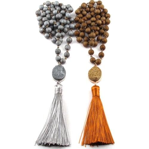 Free Shipping Fashion Bohemian Tribal Jewelry Natural Druzy Bead Rosary Chain Druzy Link Tassel Necklace