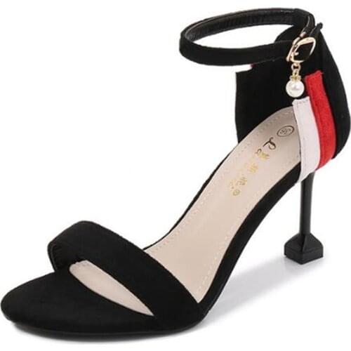 Vintage Square Toe High Heel Sandals Women Round Toe Flock 6CM 8CM Thin High Heels Buckle Strap Shallow women shoes size 35-42