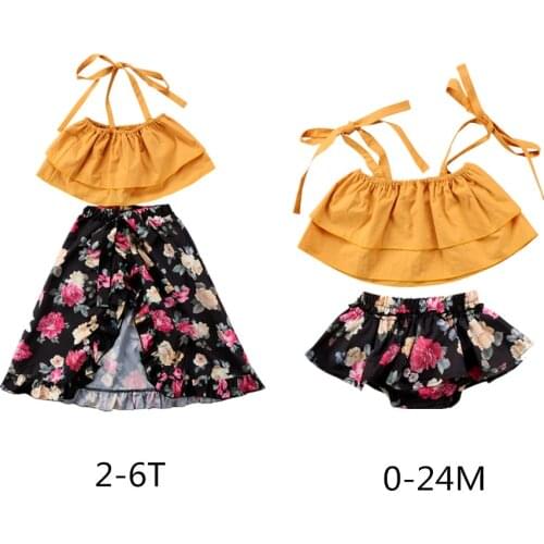 Citgeett Cute Toddler Baby Kids Girls Sisters Strap Off Shoulder Yellow Tops Floral Shorts Skirt Floral Outfits Vest Summer Set