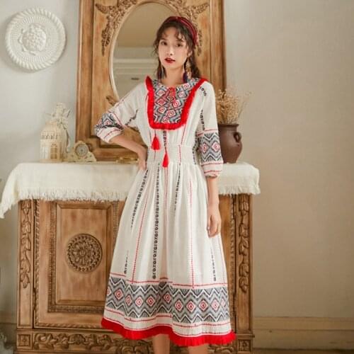 Thailand national wind retro embroidery dress Bohemian fringe holiday in the long beach dress Korean version of the dress