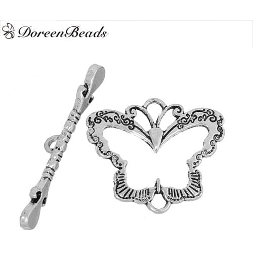 DoreenBeads Handamde Toggle Clasps Butterfly Animal Antique Silver Color DIY Making Bracelets Jewelry Women Party Gifts,30Sets