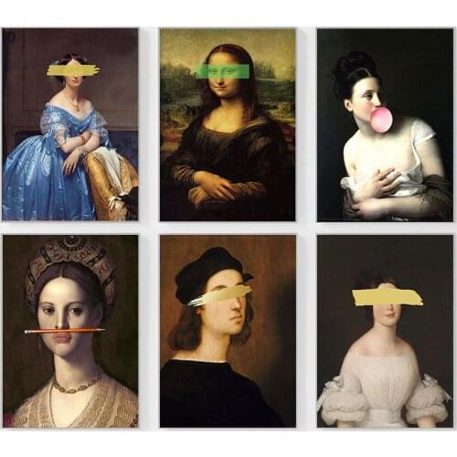 Classical European Oil Woman Canvas Fun Lips Pen Mona Lisa Paintings Abstract Landscape Wall Art Print Poster Picture Home Decor