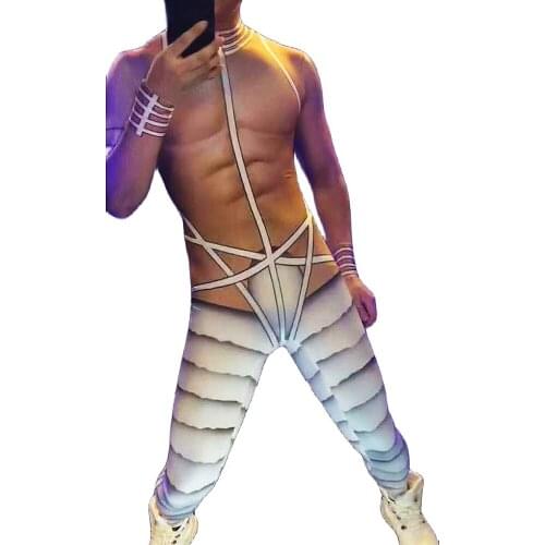 Fashion Spandex Men Rave Party Stage Show Wear Muscle Man Jumpsuits Skinny Stretch Bodysuit Nightclub Singer Performance Costume