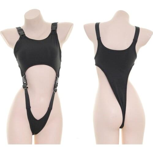 Japanese Black Siamese Vest Anime Girls Cosplay Swimwear Sukumizu Sexy Buckle Hollow Out Jumpsuits Women Slim Bodysuit Wholesale