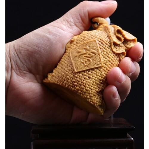 Boxwood Carving Hand Handle Piece of Solid Wood Small Blessing Bag Pendant Carving Handicrafts Gifts Fortune Jewelry Purse