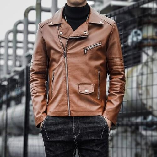 2021 Mens Oblique Zipper Lapel Motorcycle Leather Coat Youth Fashion Autumn Zipper Decorations Casual Leather Clothing
