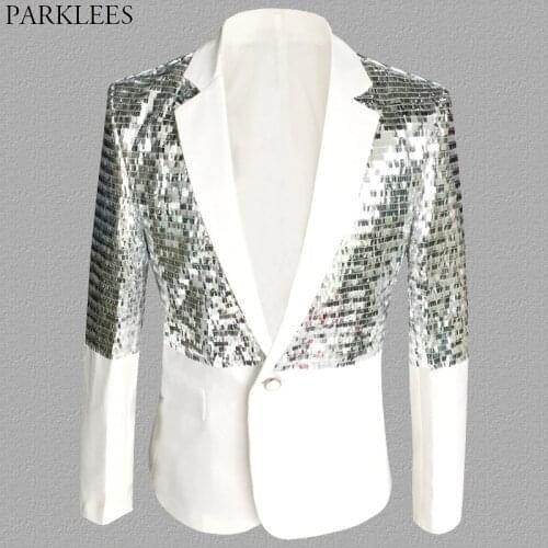 Mens One Button Patchwork Sequin Glitter Suit Jacket 2019 Brand New Nightclub DJ Prom Blazer Male Wedding Groom Stage Costumes