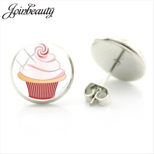 JOINBEAUTY Delicacy Cupcake Picture Stud Earrings Cute Lovely Printing Glass Dome Metal Color Earring To Girl Gift CK23