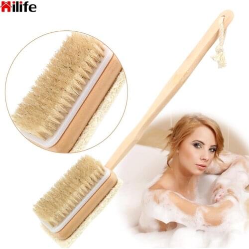 HILIFE Wooden Handle Massage Shower Loofah Bristle Both Side Bath Brush Body Back Cleaning Brush Skin Cuticle Grease Remove