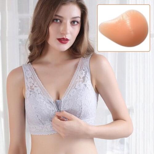 Silicone Breast Bra Gray Front zipper Mastectomy Bra with Pocket and Spiral Fake Breast Forms Prosthesis Fake Boobs 300g D50