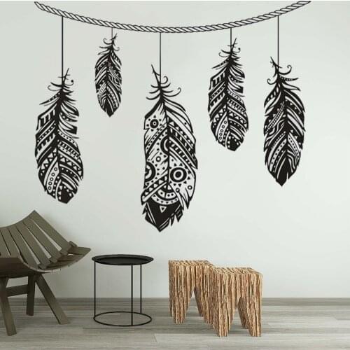 Boho Style Feathers with Rope Bedroom Decor Feather Design Dreamcatcher Wall Decals Decorative Mural Vinyl Wall Sticker ph229
