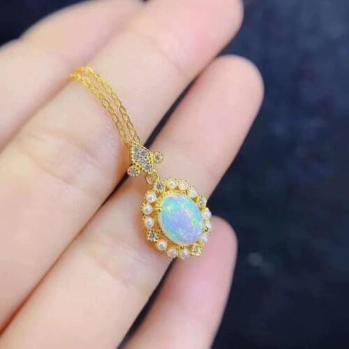 Vintage Dainty Jewelry With Oval Natural Opal Luxury Golden Pendant Necklace For Women Wedding Party Best Anniversary Gift Chain