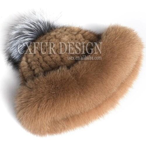 CX-C-93E 2019 New Cheap Knitted Mink Fur Hat Real Sliver Fox Fur Pom Pom Hats and Caps