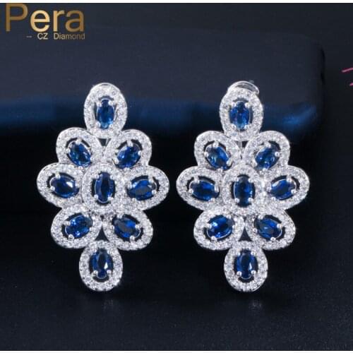 Pera Stunning Royal Blue Oval Cubic Zirconia Big Flower Long Drop Wedding Party Statement Dangle Earrings for Women Fashion E575
