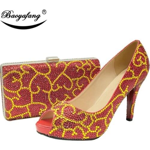 BaoYaFang Red crystal women Wedding shoes with matching bags Bride High heels platform shoes and purse sets Woman Peep Toe Pumps
