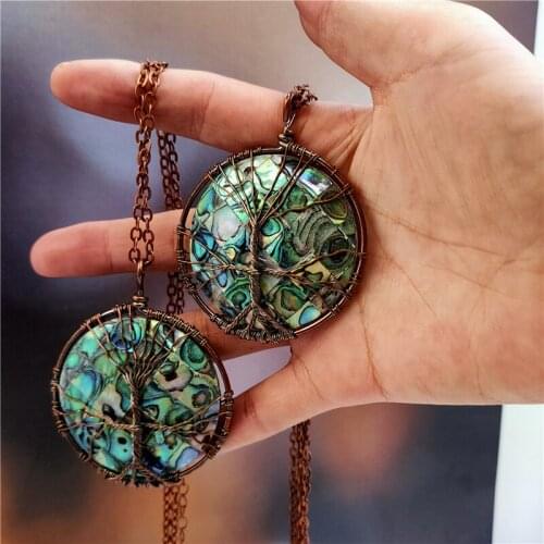 Vintage Roud Real Natural Abalone shell Pendant Necklace for Women Girl Handmade Tree of Life Pendant Necklace Drop Shipping