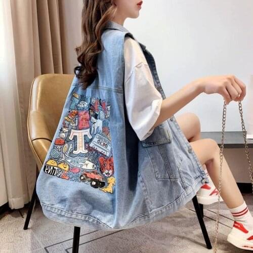 Olomm Denim Vest Women Womens Loose 2021 New Fashion Autumn Korean Printed Holed Vest Jacket Chalecos Para Mujer Gilet Genuine