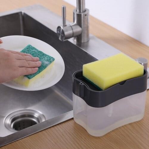 2-in-1 Soap Pump Dispenser with Sponge Holder Cleaning Liquid Container Manual Press Dispenser Organizer Kitchen Cleaner Tool