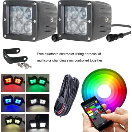 Car Accessories 2pcs 3X3 Inch 24W 5D RGB Led Work Light Bar Spot Pods Bluetooth Control Wiring Kit For Jeep SUV Offroad 4X4 4WD