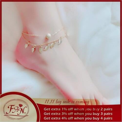 2021 New Trend Summer Cool and Freshing Golden & Silver Color Round Bead Small Leaves Double Layers Foot Anklet for Girl Women