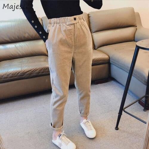 Pants Women Elastic Waist Solid Corduroy Korean Pant Womens Clothing Leisure Ankle- Length Trouser Loose Basic All-match Elegant