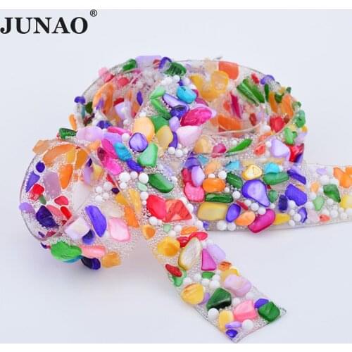 JUNAO 5 Yard *15mm Mix Color Hot Fix Glass Rhinestones Chain Trim Crystal Fabric Glass Beads Appliques Strass Ribbon Banding