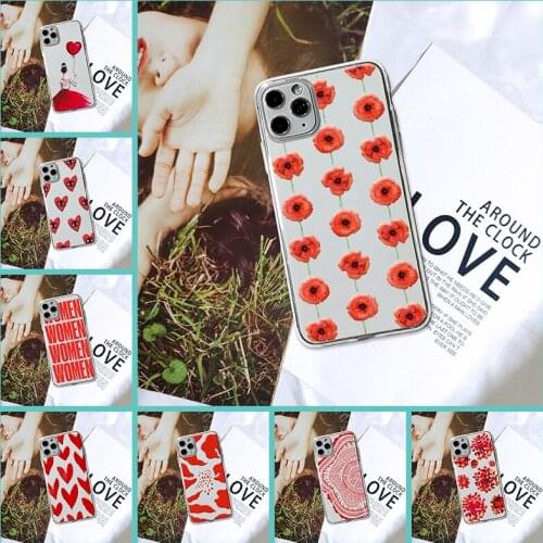 Phone Case For iPhone se 2020 Red Flower Heart Women Girl Soft Silicone Transparent Back Cover For Apple iPhone 11 Pro Max