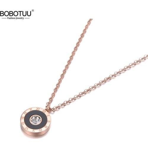 BOBOTUU Classic Black Acrylic Circle Roman Numeral Pendant Necklace For Women Titanium Steel CZ Wedding Necklace Jewelry BN19106
